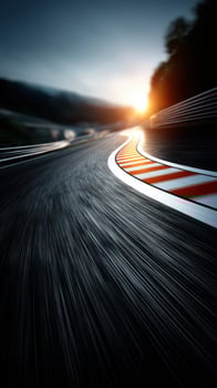 Curving racetrack at sunset with warm light illuminating the scene photo