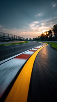 Curved racetrack with vibrant sunset in the background photo