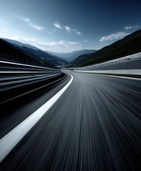 Curved racetrack winding through mountains in daylight photo