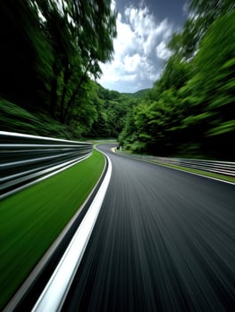 Curving road through lush green forest landscape photo