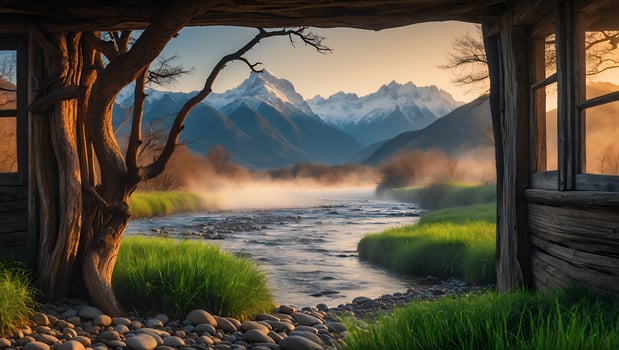 Mountain River Seen Through Rustic Window During Foggy Sunrise photo