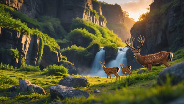 Deer Family by Waterfall at Sunset in Mountain photo