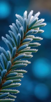 Frost-covered pine branch glistening in winter sunlight photo
