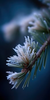 Frosty pine branch with delicate frost crystals in winter photo