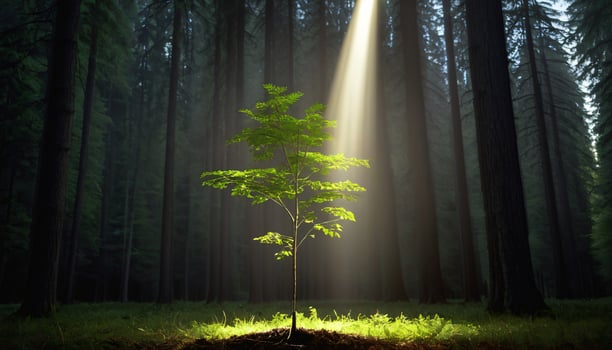 Young Tree in Sunlight, Forest Setting photo