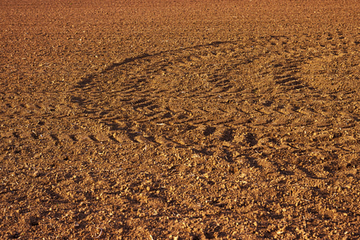 Closeup of a plowed agricultural field with curved tire tracks from farming machinery. Soil texture in sunset light. 01 photo