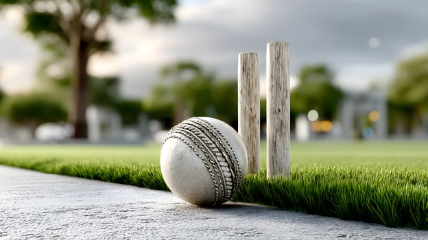 Cricket Ball and Wickets on Grassy Pitch Outdoor Sports Scene photo