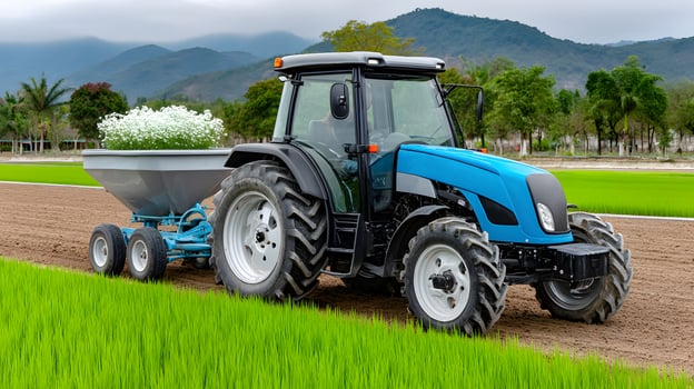 Modern Blue Tractor Cultivating Rice Paddy Field with Fertilizer Spreader Scenic Mountain Background photo