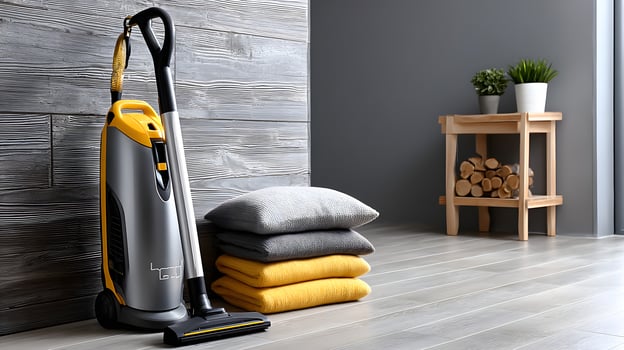 Modern Upright Vacuum Cleaner near Stacked Pillows on Hardwood Floor in Modern Home Interior photo