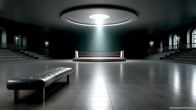 Empty Boxing Ring in Grand Hall Dramatic Lighting Spectator Seating Leather Bench photo