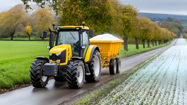 Yellow Tractor Spreading Fertilizer on Agricultural Field Autumn Landscape photo