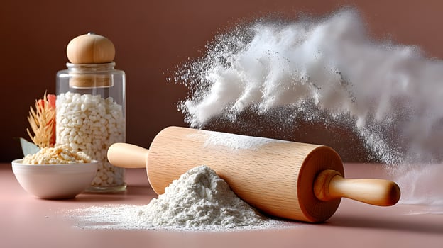 Wooden Rolling Pin with Flour Explosion Baking Ingredients Dough Making photo