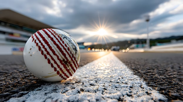 Worn Cricket Ball on Asphalt Road at Sunset Sporting Equipment Close Up photo