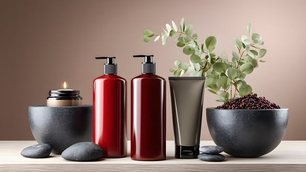 Luxurious Spa Products Red Bottles Tube Candle Eucalyptus Stones photo