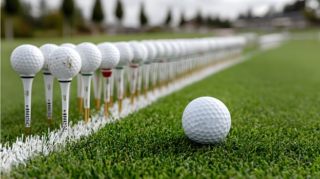Golf Balls on Tees Lined Up on Putting Green Ready for Game photo