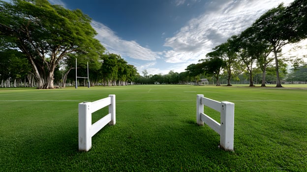 Lush Green Rugby Field with White Fence and Mature Trees Under a Cloudy Sky photo
