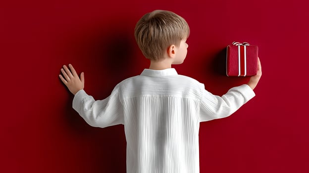 Child s Back View Holding Red Gift Box Against Red Background Festive Holiday Concept photo