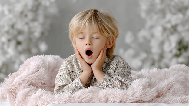 Adorable Toddler Boy Yawning Cozy Pink Blanket Soft Fluffy Texture Sweet Child Sleeping Peaceful photo