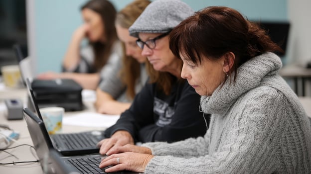 Mature women learning computer skills in classroom photo
