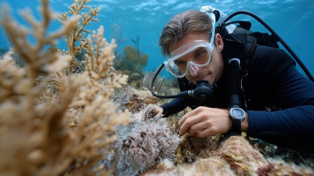 A marine biologist in scuba gear exploring a coral reef documenting marine life to raise awareness about ocean conservation efforts and threats to aquatic wildlife photo