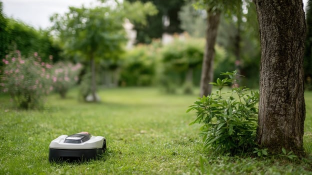 A robotic lawn mower quietly trims grass in a backyard illustrating how automation is revolutionizing landscaping and yard maintenance for homeowners photo
