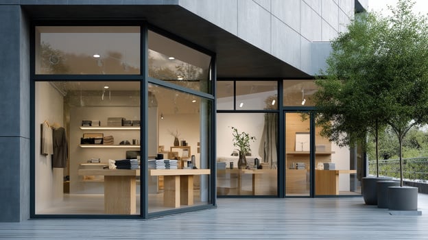 A sleek modern storefront with large glass windows displaying neatly arranged merchandise enticing passersby to enter photo