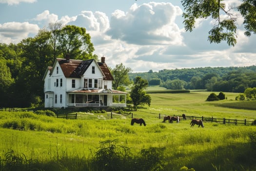 A tranquil country landscape with a farmhouse porch wrapped in vines and horses feeding under orange and red autumn leaves photo