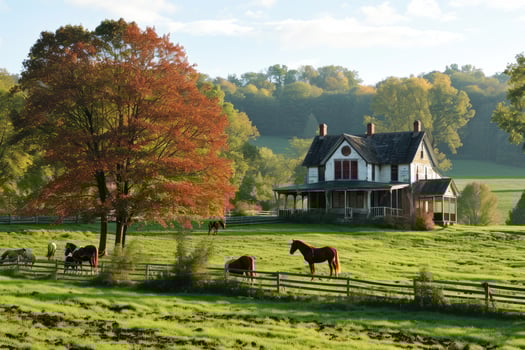Brightly colored trees stretch behind a quiet farmhouse while gentle horses graze in the golden grass of early fall photo
