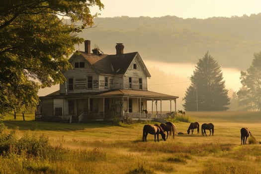 The timeless beauty of the countryside shines as horses graze peacefully near a farmhouse framed by brilliant fall colors photo