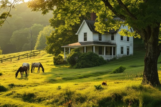 A country lane leads to a quiet farmhouse surrounded by fall trees with horses roaming freely through the gentle hills photo
