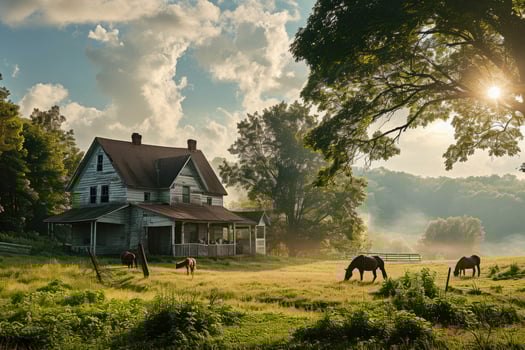 Autumn leaves swirl through the air around a farmhouse where horses graze quietly creating a scene of rustic serenity photo