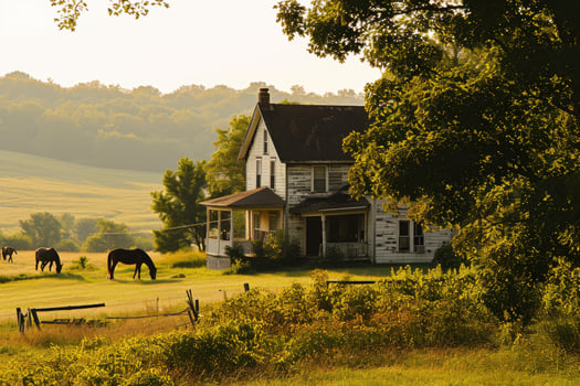 Crisp air and colorful leaves frame a rural scene where a classic farmhouse and grazing horses reflect the charm of the countryside photo