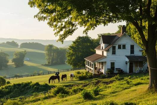 A scenic farm scene glows with autumn color as horses graze near a classic farmhouse under a canopy of seasonal beauty photo