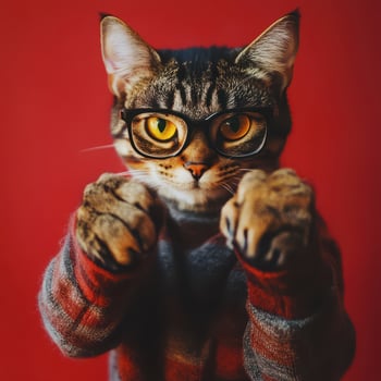 Cat wearing glasses poses in cozy sweater photo