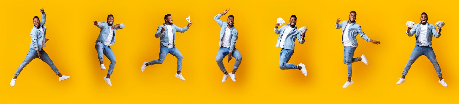 Collage of funny african american man jumping in air with money on yellow background, panorama photo