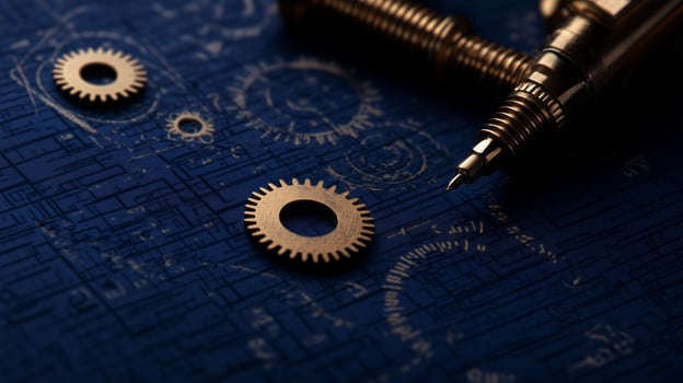 A mechanical clock and gears on a blue background photo