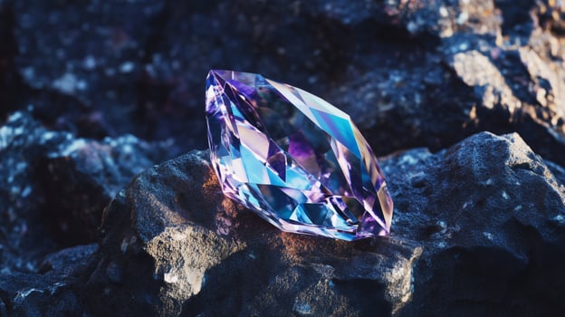A purple diamond sitting on top of rocks photo