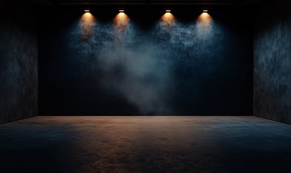 Dark, industrial-style room with spotlights and fog photo