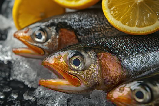 Freshly caught fish with lemon slices on ice photo