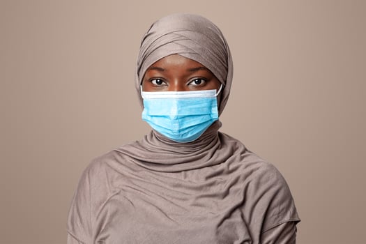 Coronavirus Concept. Portrait Of Serious Black Muslim Woman In Hijab And Medical Mask For Virus Protection, African Lady In Headscarf Posing Over Light Studio Background, Looking At Camera, Copy Space photo