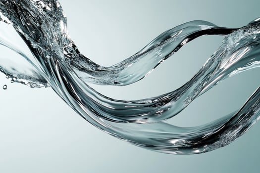 Smooth, flowing water ribbons against a light background. Detailed water splashes and ripples create a sense of movement and fluidity photo
