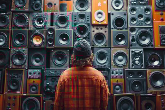 Person observing a wall of speakers in a studio photo