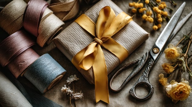Gift wrapping scene with golden ribbon tied wrapped box, vintage scissors, colorful thread spools, and dried yellow flowers creating warm photo