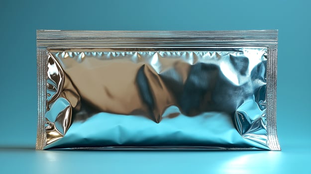 Silver aluminum ziplock bag mockup packaging on blue background photo