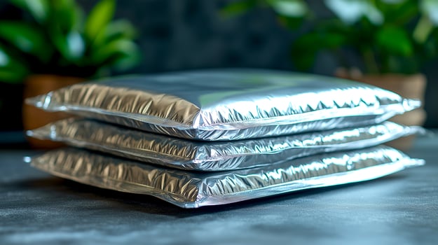Three Silver aluminum bags packaging on the table for coffee or food photo