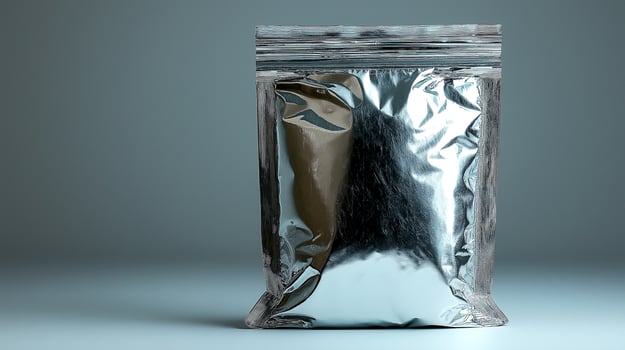 Silver aluminum bags mockup packaging on grey background for coffee or food photo