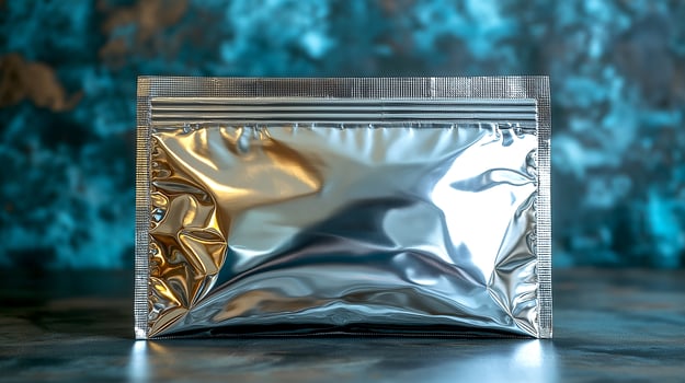 Silver aluminum bag mockup packaging on blue textured background photo