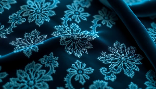close up of a blue fabric with white flowers on it photo