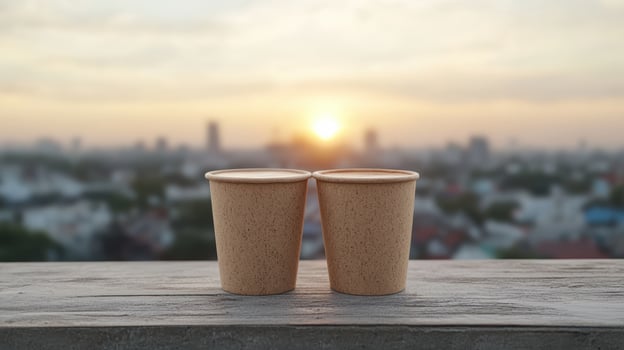 Two paper cups on a wooden table with a city in the background photo
