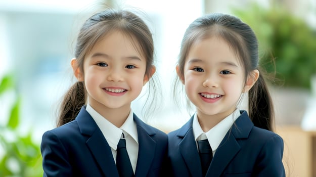 Two Asian, Japanese or Chinese Business little girls in suit at hoffice blurred background. dream occupation for children photo